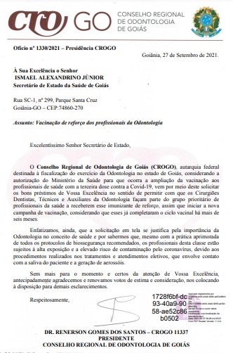 Ofício 3ª dose aos profissionais de Odontologia